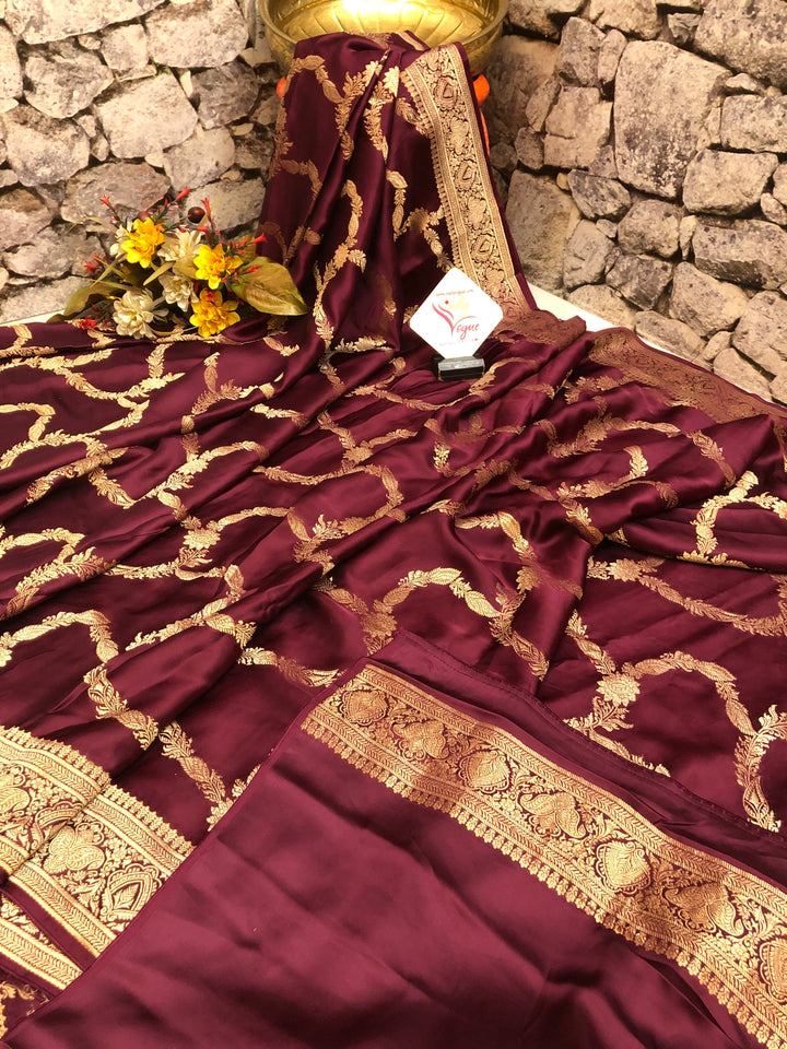 Wine Color Satin Silk Banarasi Saree