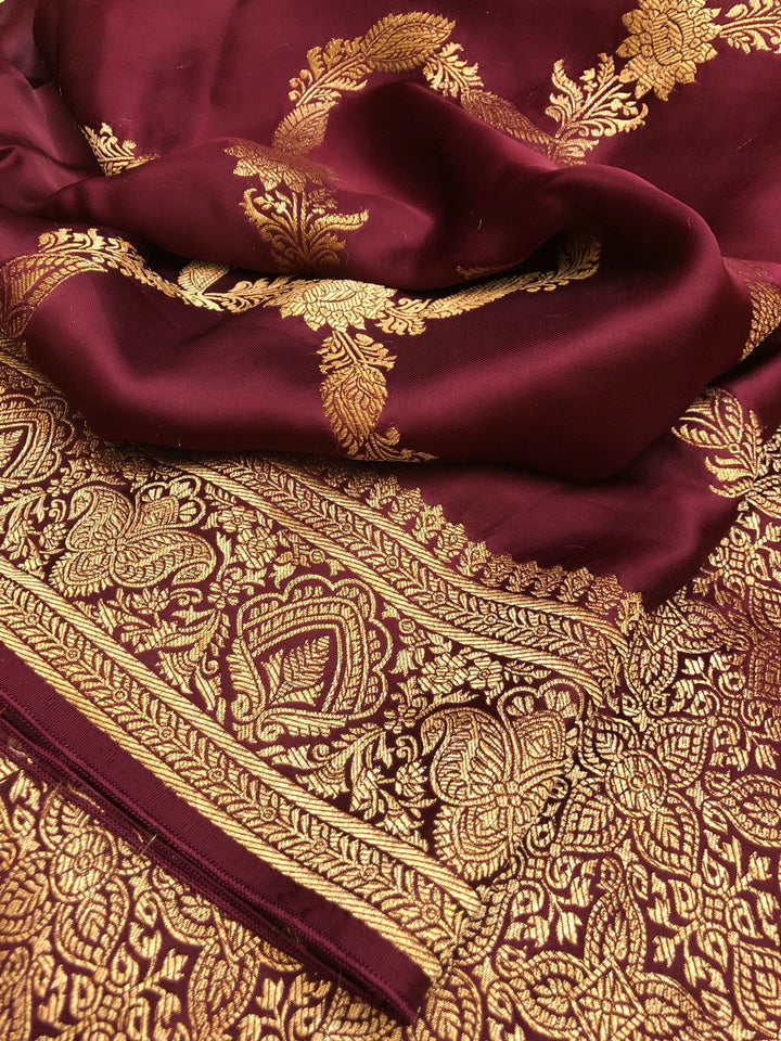 Wine Color Satin Silk Banarasi Saree