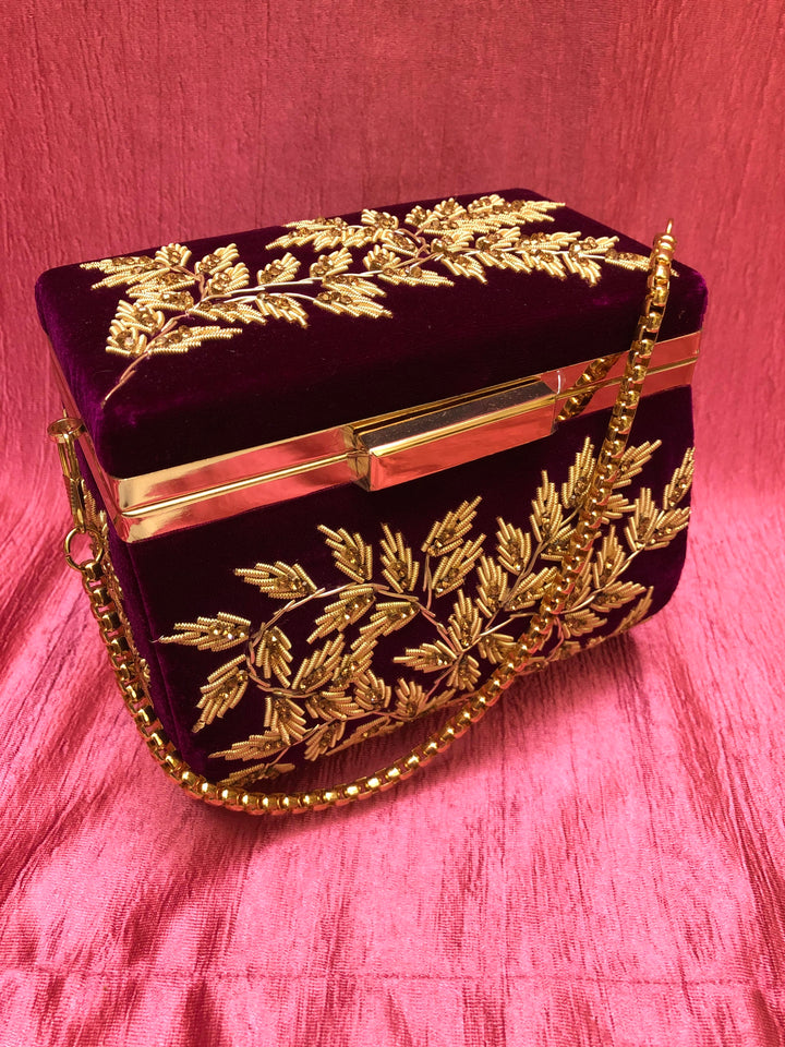 Wine Color Velvet Box Clutch Bag with Hand Zardosi Work