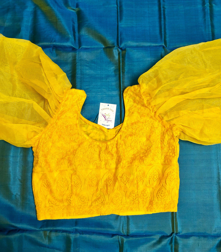 Yellow Color Big Puffed Sleeve Designer Net Blouse with Embroidery