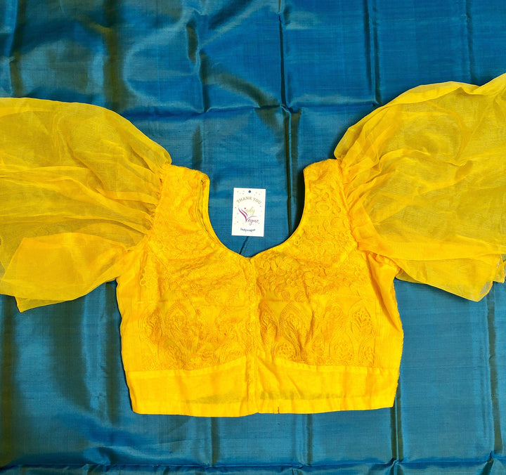 Yellow Color Big Puffed Sleeve Designer Net Blouse with Embroidery