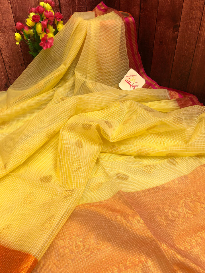 Yellow Color Resham Kota Handloom Banarasi Saree with Ganga Jamuna Border