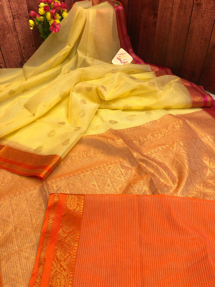 Yellow Color Resham Kota Handloom Banarasi Saree with Ganga Jamuna Border